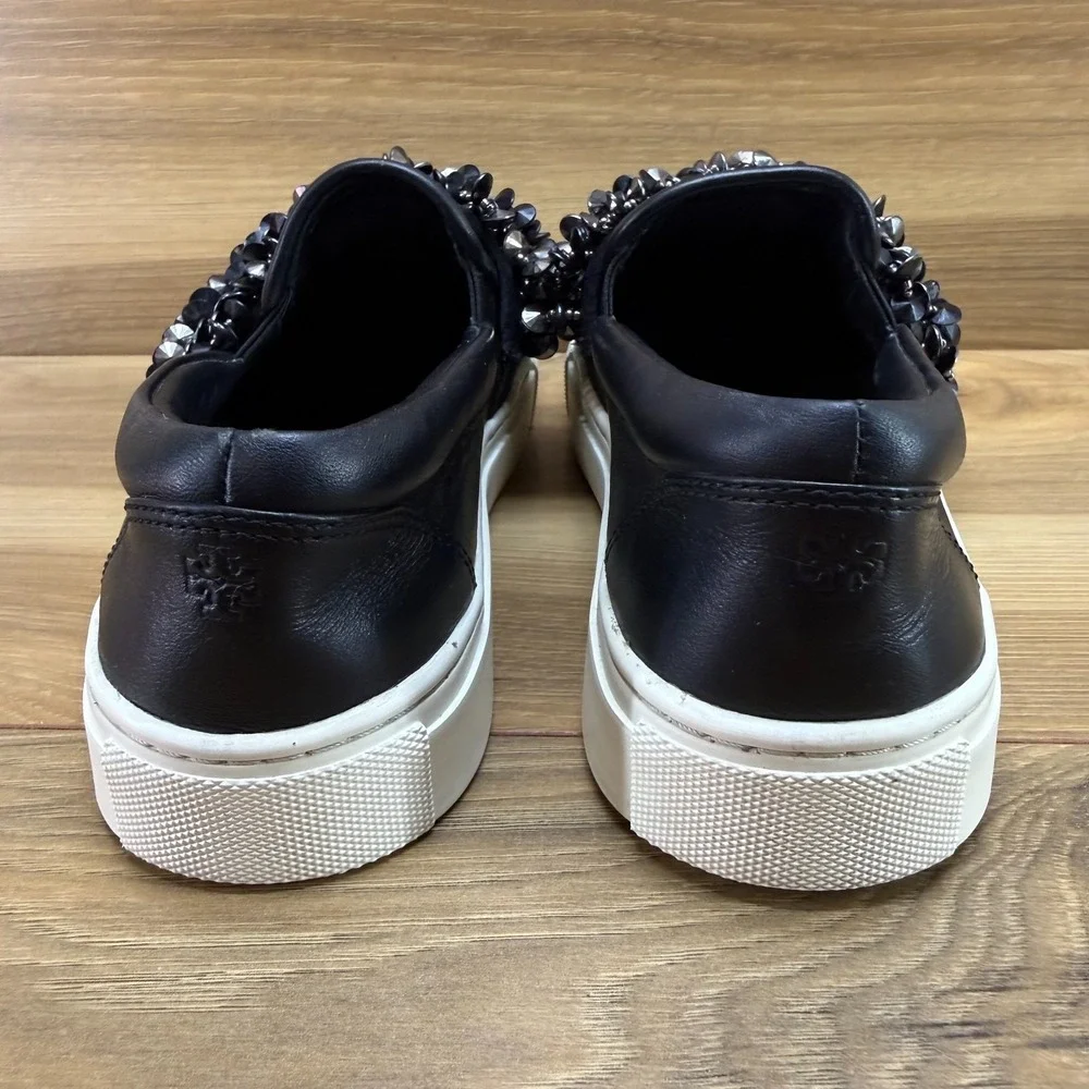 Tory Burch Logan Embellished Slip On 5 M Black Leather Beaded Pewter Casual Walk